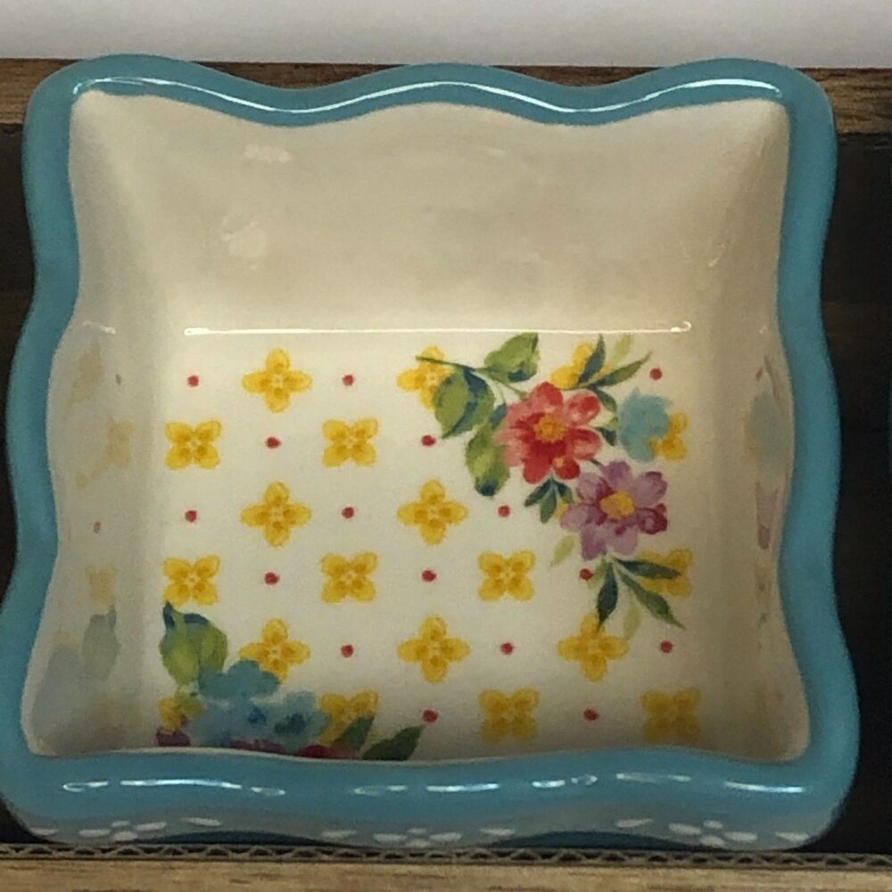 Pioneer Woman Blooming Bouquet Condiment Dish Set Mini Dip Square Bowl Wood Tray - Picture 2 of 11